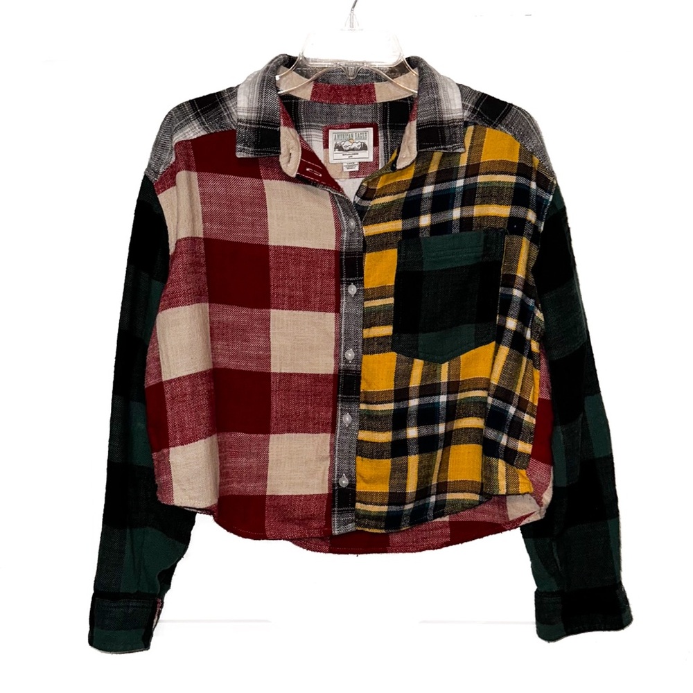 American Eagle Women's Cropped Mixed Flannel Shirt Top-Long Sleeve Small EUC